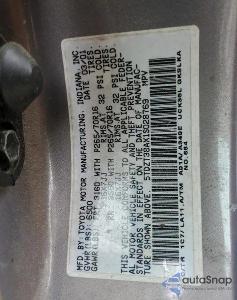 2001 Toyota Sequoia Limited из США, поврежденный, VIN 5TDZT38AX1S028769